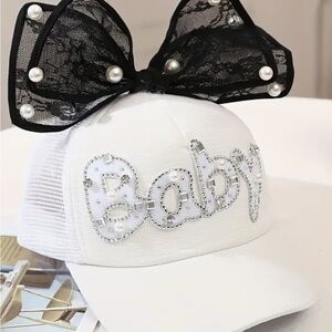 SALE ***
White Baby Cap with Black Lace Bow